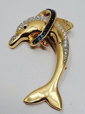 Butler Dolphin Gold Tone Blue Rhinestone Vintage Coastal Statement Brooch